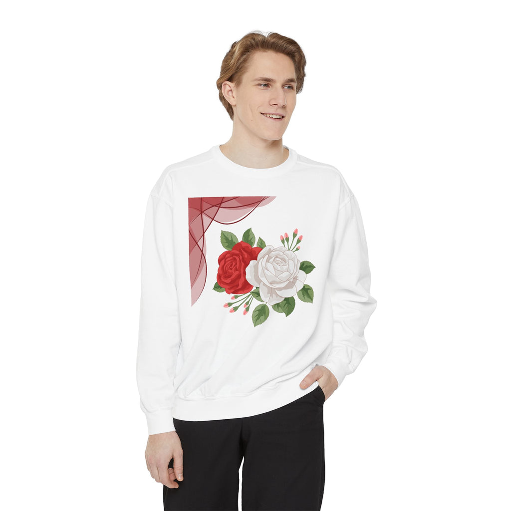 Floral Rose Sweatshirt — Red & White Rose Bouquet Crewneck
